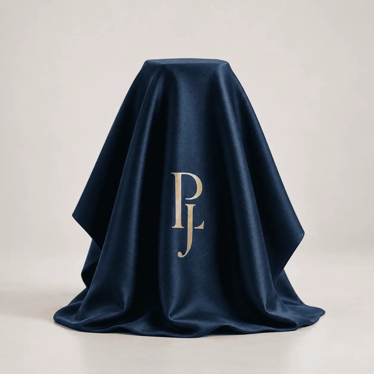 A bottle hidden beneath navy silk, monogrammed in gold.