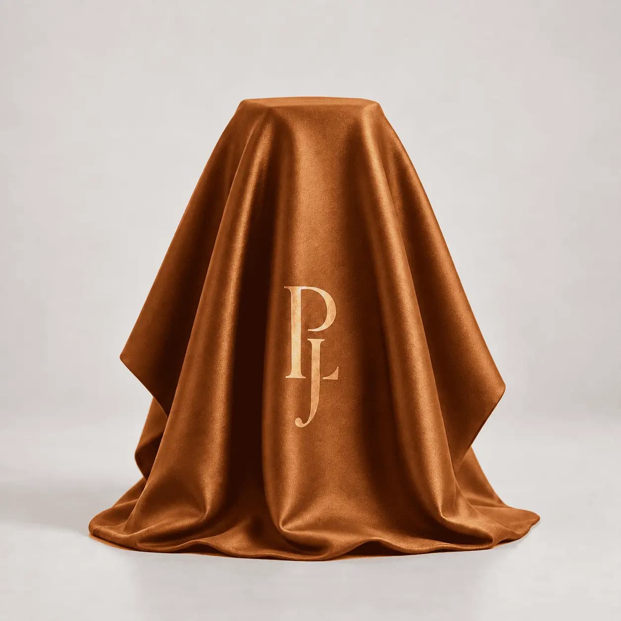 A bottle hidden beneath burnt copper silk, monogrammed in gold.