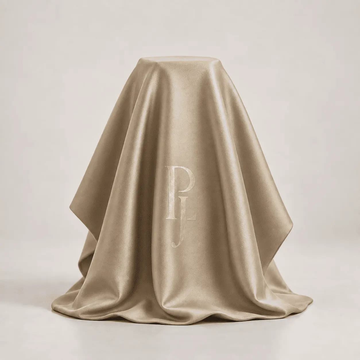 A bottle hidden beneath champagne silk, monogrammed in pale gold.