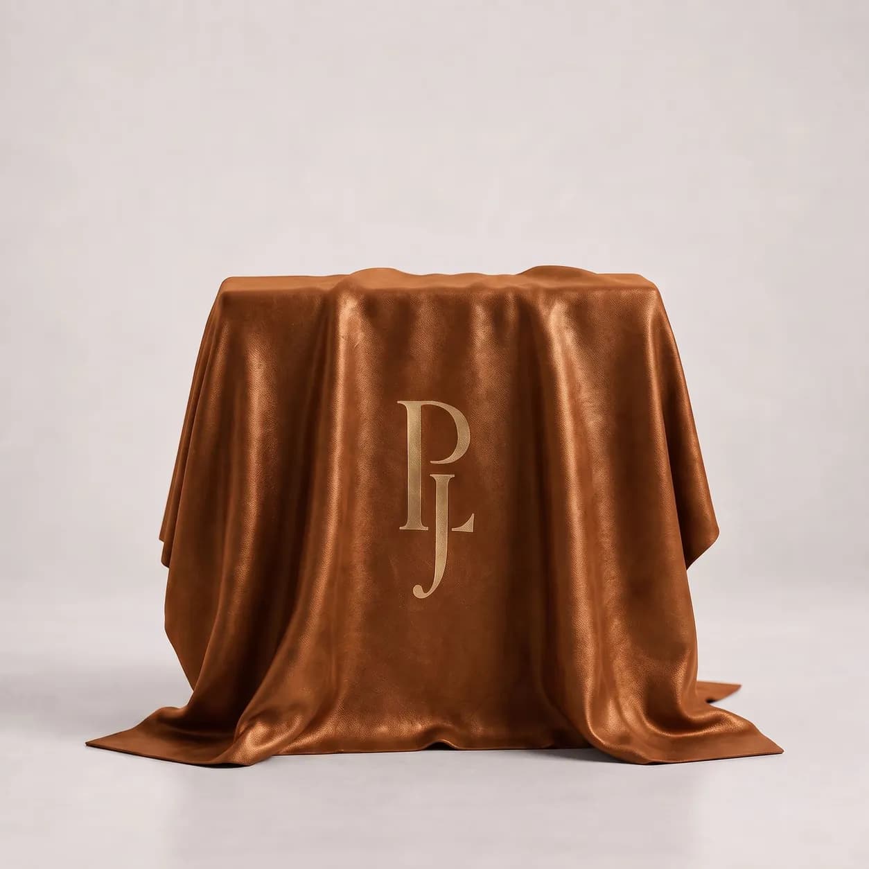 A package hidden beneath burnt copper silk, monogrammed in gold.