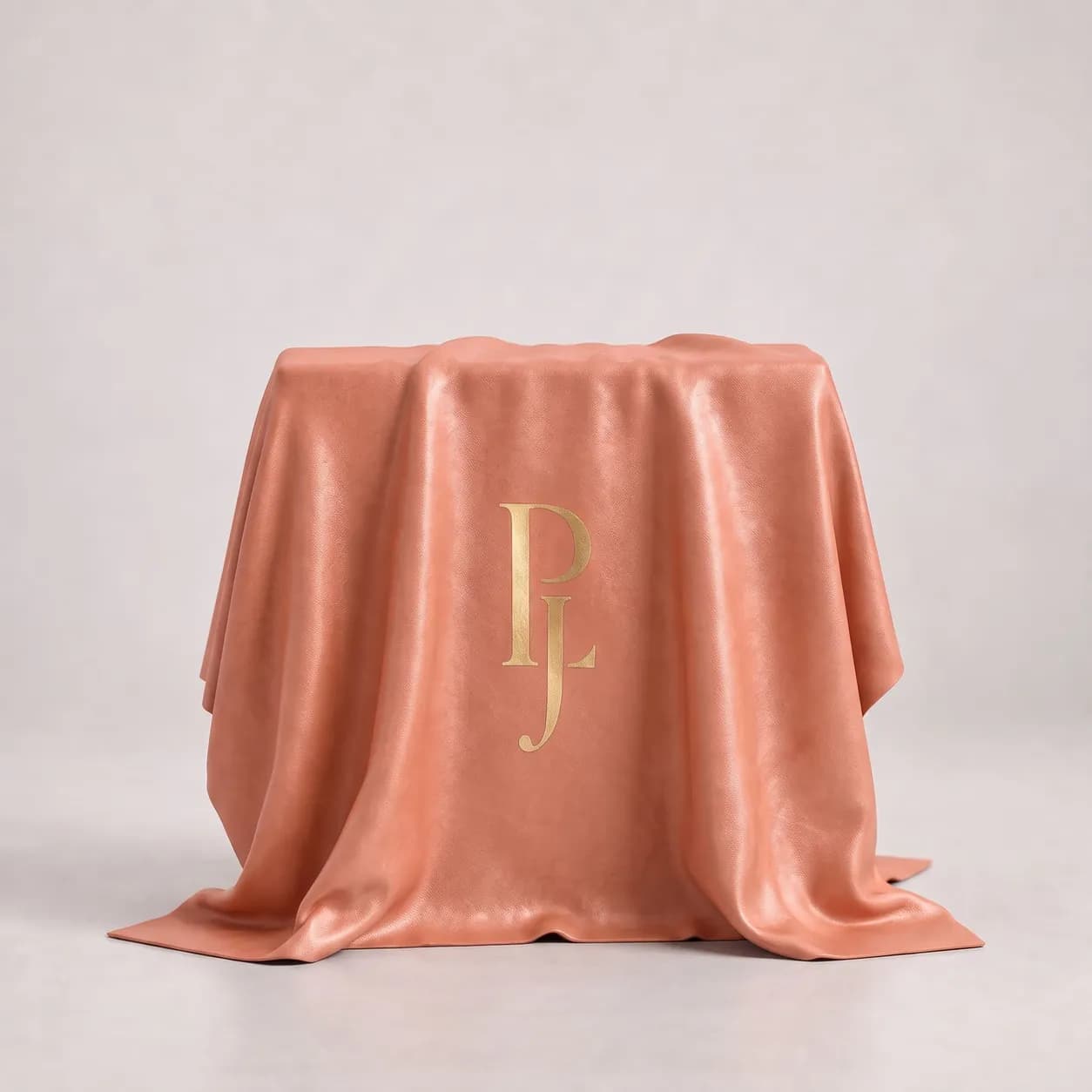 A package hidden beneath coral silk, monogrammed in gold.