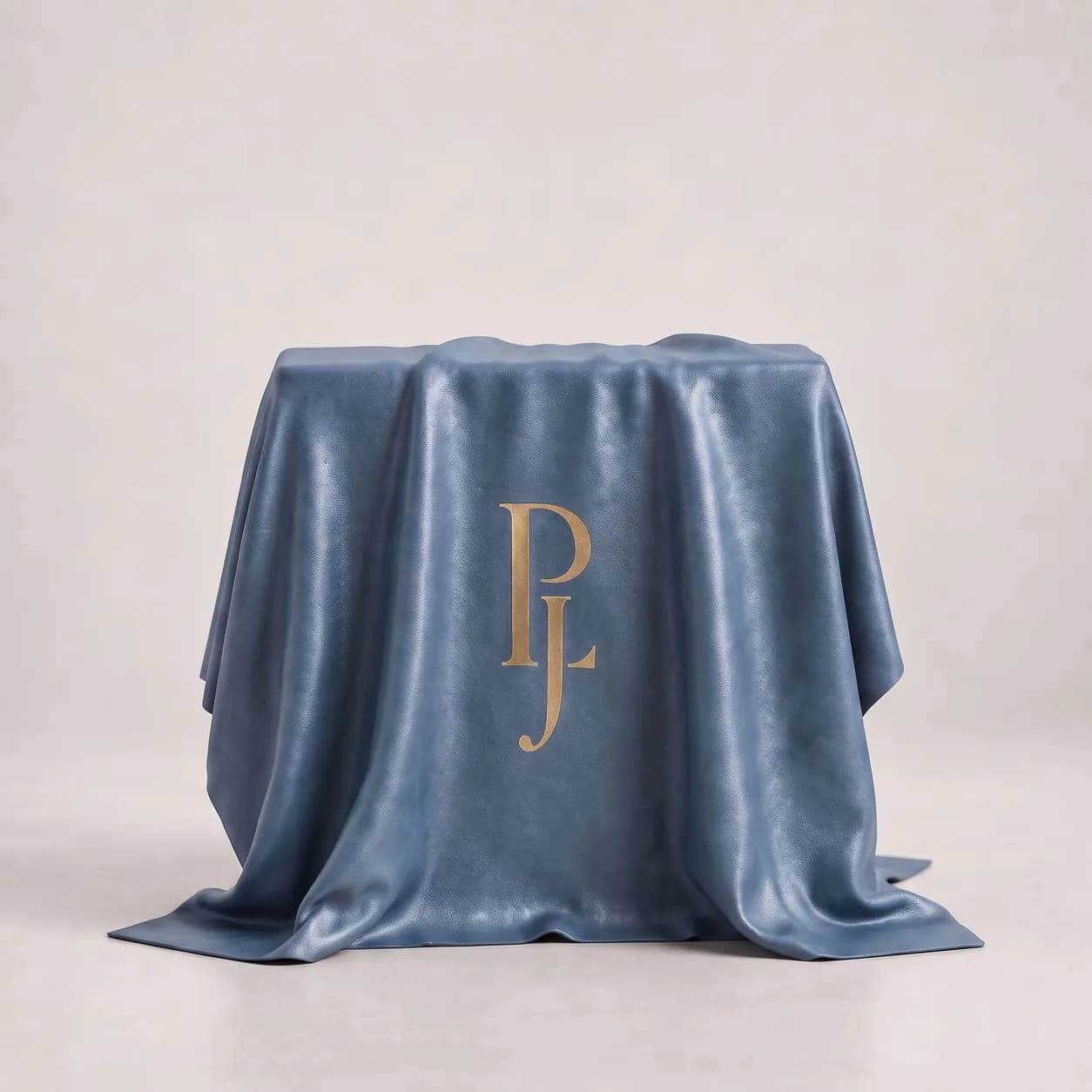 A package hidden beneath steel blue silk, monogrammed in gold.