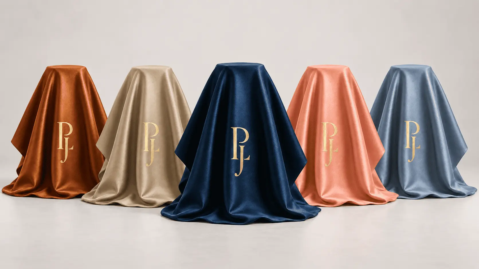 Five unreleased bottles in a row, each hidden beneath monogrammed silk in copper, champagne, navy, coral and steel blue.